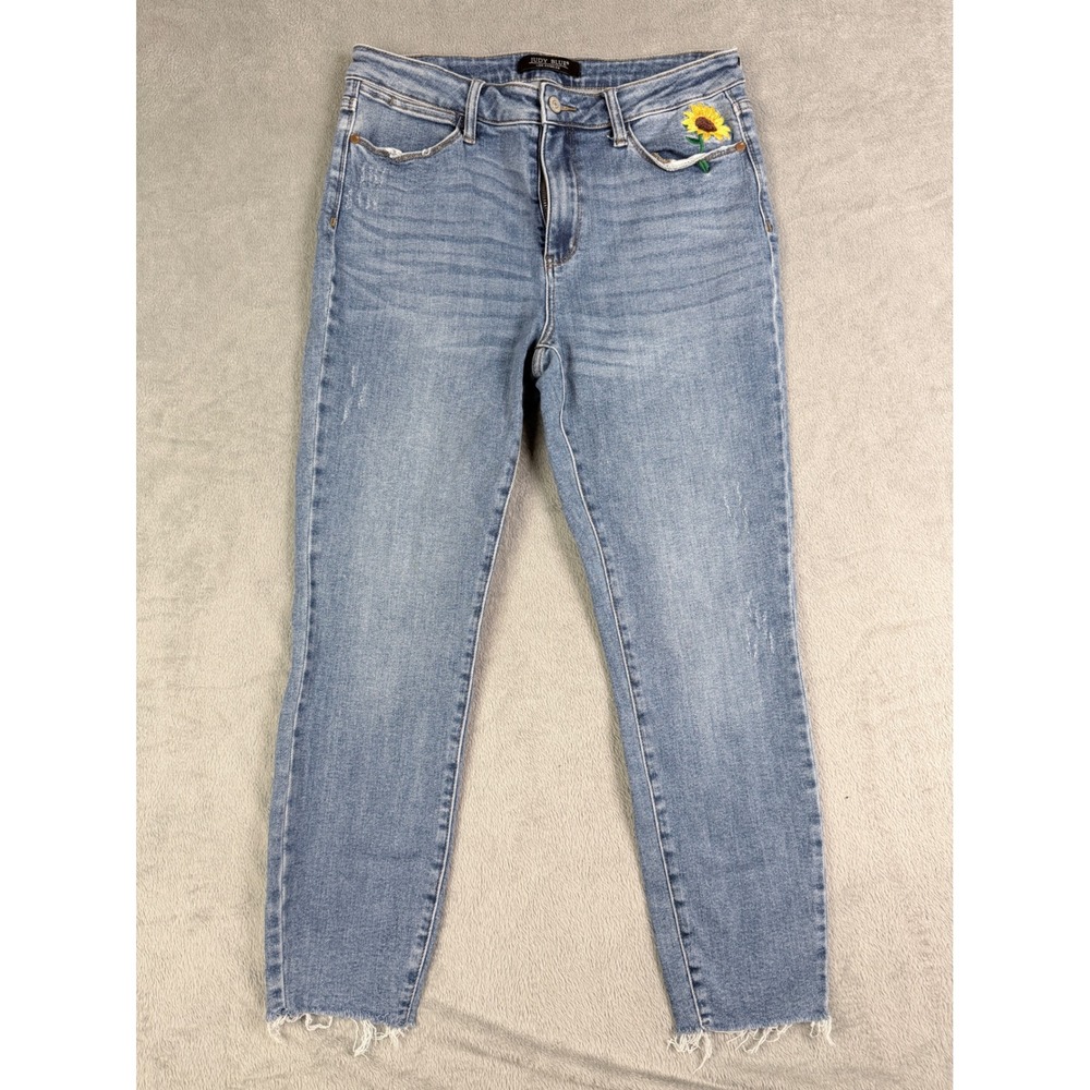 Judy Blue Sunflower Embroidered Skinny Jean Medium Wash Frayed Hem JB88257 11/30